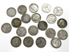 Twenty pre 1920 .925 silver one shillings CONDITION REPORT: 125.6g.