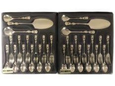 Two cased sets of 24 ct gold plated cutlery.