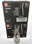 Two box sets of six Italian Bormioli Rocco glass carafes.