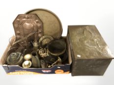 A brass embossed coal box, charger, teapots, brass candlesticks, etc.