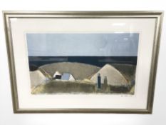 After John Hofmeister : Figures on a hillside with houses below, colour lithograph, 38 cm x 64 cm.