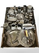 A group of EPNS and pewter wares, salvers, teak handled cutlery, candlesticks, etc.