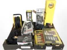 Assorted power tools and tool sets, tire inflator, extension reel, electrical tool set, etc.