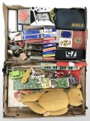 A quantity of playing cards, teddy bear, toy gun, set of boules, games, etc.