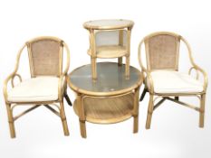 A group of Bentwood and wicker furniture : pair of armchairs and two glass topped coffee tables