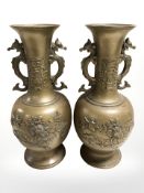 A pair of Chinese bronze twin handled vases, height 30.5 cm.