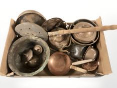 Assorted copper wares including tea pot, chestnut roasting dish, planter, pans, etc.