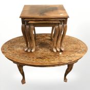 An Indian style inlaid hardwood oval coffee table, width 90 cm,
