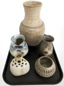 Five studio pottery vases, tallest 31.5 cm.