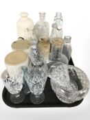 A Victorian stoneware hot water bottle, pottery kitchen storage jars, glasses, vintage bottles, etc.