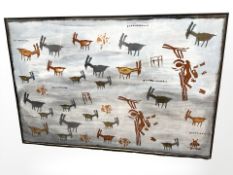 A continental print on canvas depicting animals, 92 cm x 62 cm.