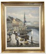 Ingolf Due : Figures on a cobbled street by a bridge, oil on canvas, 60 cm x 74 cm.