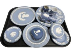 A collection of Wedgwood jasperware Christmas plates, tea cup and saucer, trinket boxes, etc.