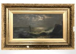 Late 19th Century School : Waves crashing against rocks with a boat out to sea, oil on canvas,