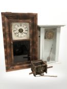 A 19th century American wall clock, a further painted wall clock and a clock movement.