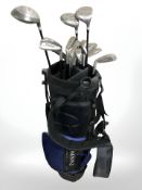 A golf bag containing Theory titanium reinforced clubs.
