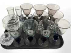 A group of Scandinavian coloured wine glasses, etched glass pedestal bowl,
