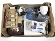 A box of mainly new items including size 11 crocs, boxed ring lamp, set of miniature whiskies, etc.