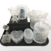 A Stuart crystal tankard, boxed, further glass lidded trinket boxes, wine cooler, small globe, etc.