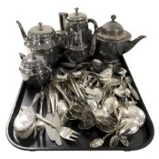 A group of EPNS tea wares and loose cutlery.