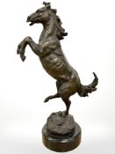 A bronze figure of a rearing horse, on marble socle, height 33.5cm.