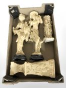 Three oriental resin figures and a further vase.