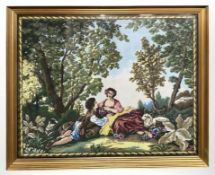 A gilt framed tapestry depicting lovers by a tree, 150 cm x 120 cm.
