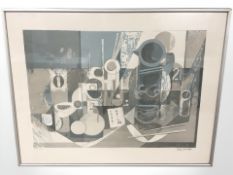 20th Century Continental School : Still life of jugs and brush pots, colour lithograph,