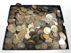 A shallow tray of Victorian and later British pennies and other pre-decimal coins, foreign coins,