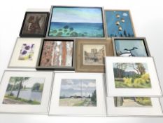 A group of pictures and prints including oil on canvas seascape, further continental oil paintings.