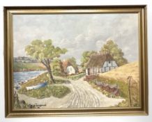 A Thorngourd : Thatched buildings by a river, oil on canvas, 110 cm x 80 cm.