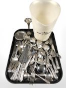 A collection of EPNS cutlery, a loaded silver bud vase, Chester marks 1911,