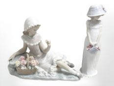 Two Lladro figures of girls with flower baskets, tallest 20.5 cm.