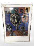 20th Century Continental School : Abstract faces, colour lithograph,
