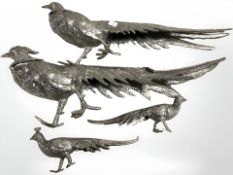 A group of four silver plated pheasant table ornaments, longest 31 cm.