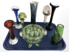 A group of Swedish Aseda coloured art glass vases, a green glass rose bowl, etc.
