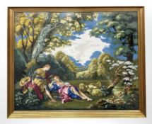 A gilt framed tapestry depicting two lovers by a tree, 156 cm x 125 cm.