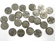 Twenty four post 1920 George V .500 silver one Florins CONDITION REPORT: 266.5g.