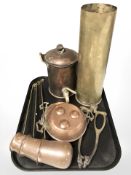 A large brass ammunition shell, a small copper samovar,