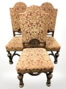 A set of six oak high back dining chairs in brass studded classical fabric.