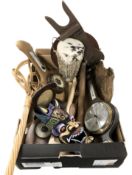 A group of barometers and treen, hide covered drum, eastern decorative mask, carpet beater, etc.