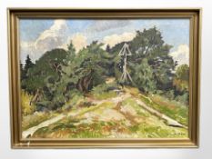 J Britze : Trees on a hillside, oil on canvas, 70 cm x 50 cm.