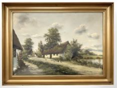 Danish School : Chickens by a thatched cottage, oil on canvas, 64 cm x 44 cm.