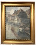 Danish School : Boats on a canal, oil on canvas, 29 cm x 39 cm.