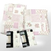 Two floral quilts and two new pairs of Fusion Home Furnishings curtains, 66 cm x 72 cm.