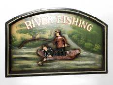 A painted sign 'River Fishing', width 60 cm.