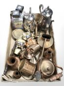 Assorted EPNS and copper plated metal wares, two Dissarno decanters (empty),