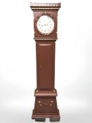 A reproduction continental painted and gilt longcase clock with pendulum and weights, height 207 cm.