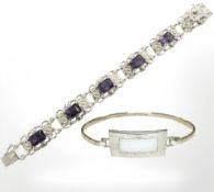 A silver and synthetic amethyst bracelet, length 18cm,