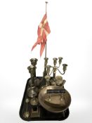 A Danish brass desk flagpole, several candlesticks, iron, etc.